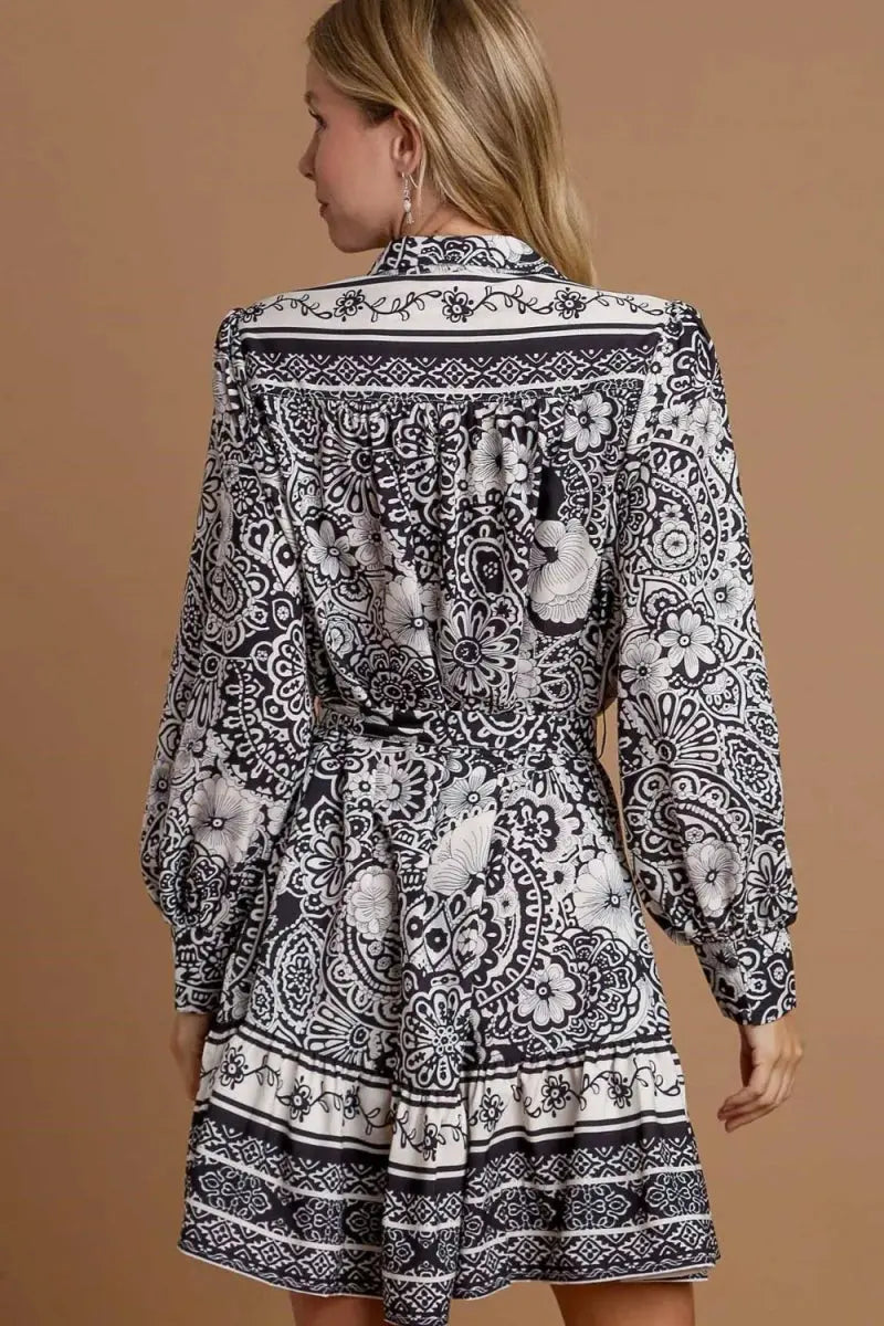 Umgee Full Size Two Tone Floral Border Print Tie Waist Mini Dress Plus Size - Love Salve